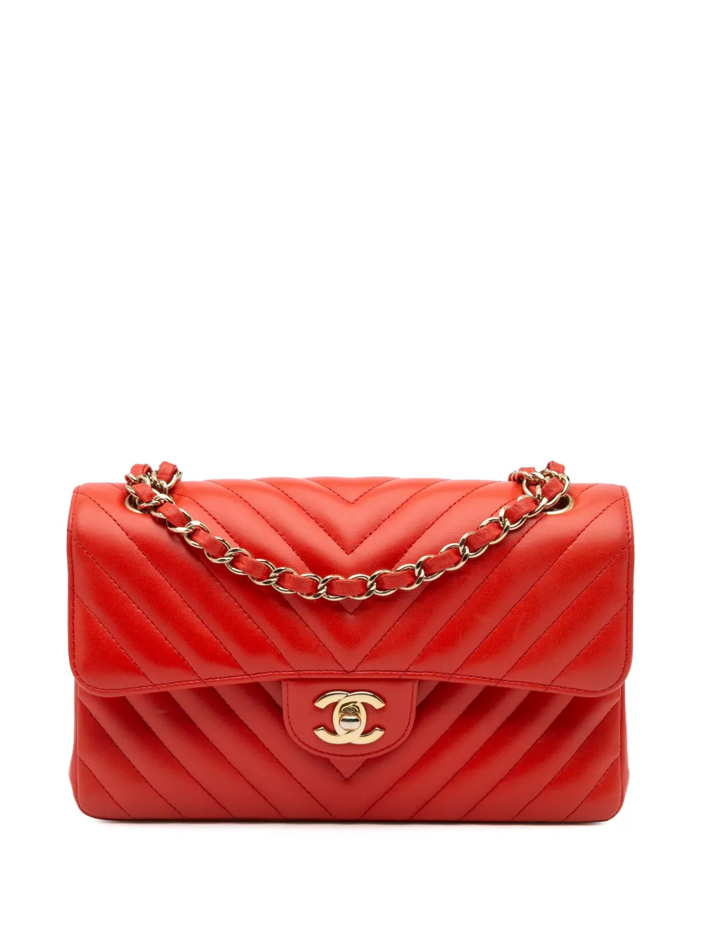 CHANEL Pre-Owned 2017-2018 Small Classic Chevron Lambskin Double Flap shoulder bag | Orange | Image 1