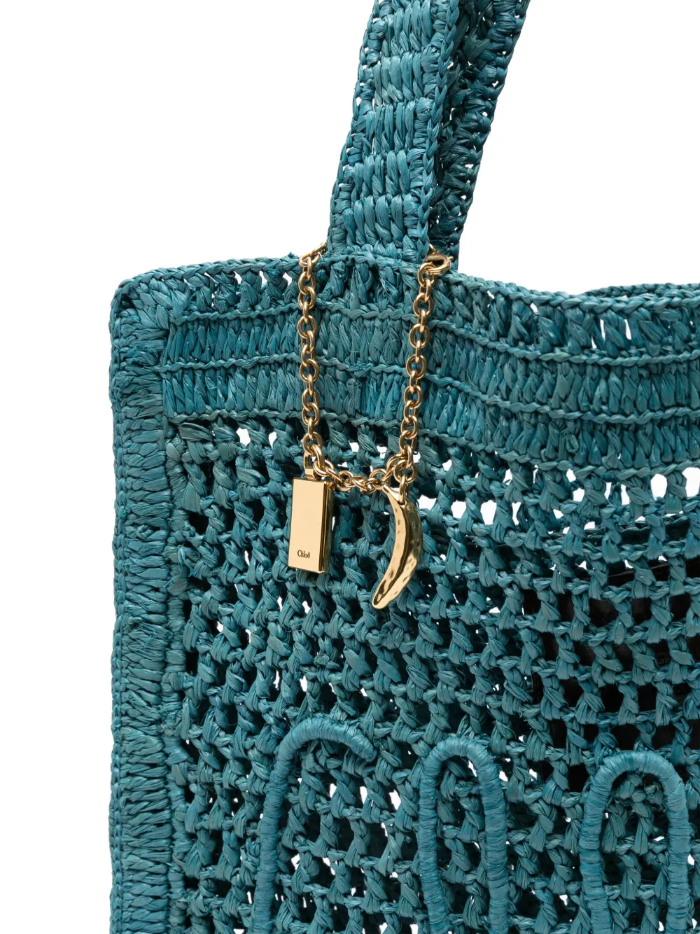 Chloé Teal Green Raffia Summer Banana Shoulder Bag In Blue