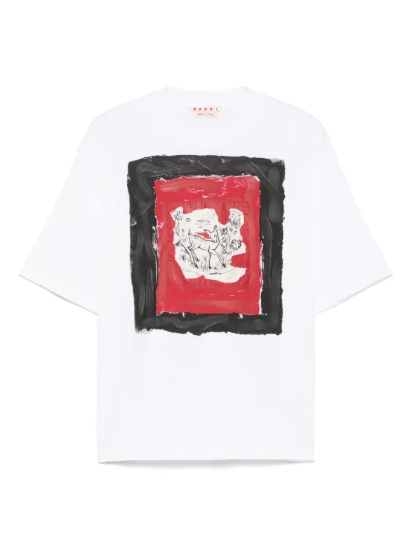 【関税込み】Marni ホワイト Fawn Print コットン Tシャツ White cotton T-shirt with fawn print | Marni