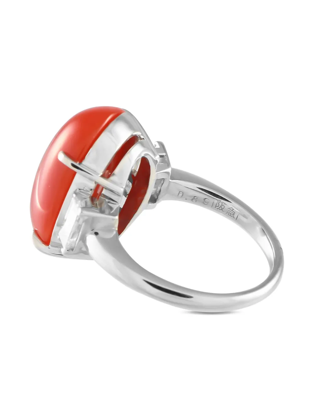 Pre-owned Mikimoto Platinum Diamond And Coral Ring In Silver