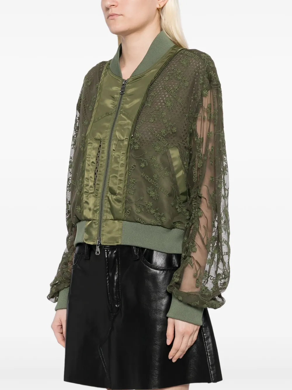 Andersson Bell Khaki Layered Logo Lace Short Bomber Jacket In 绿色