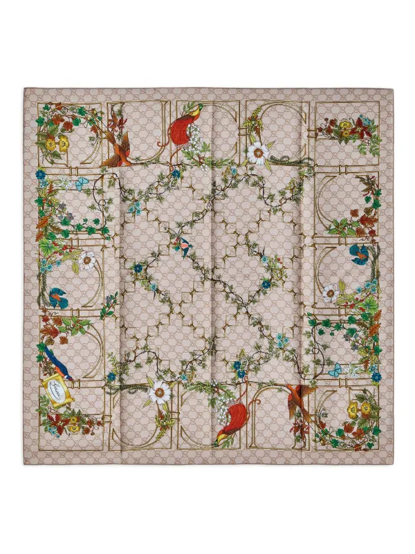 Gucci Logo-pattern Floral-print Scarf in Neutrals