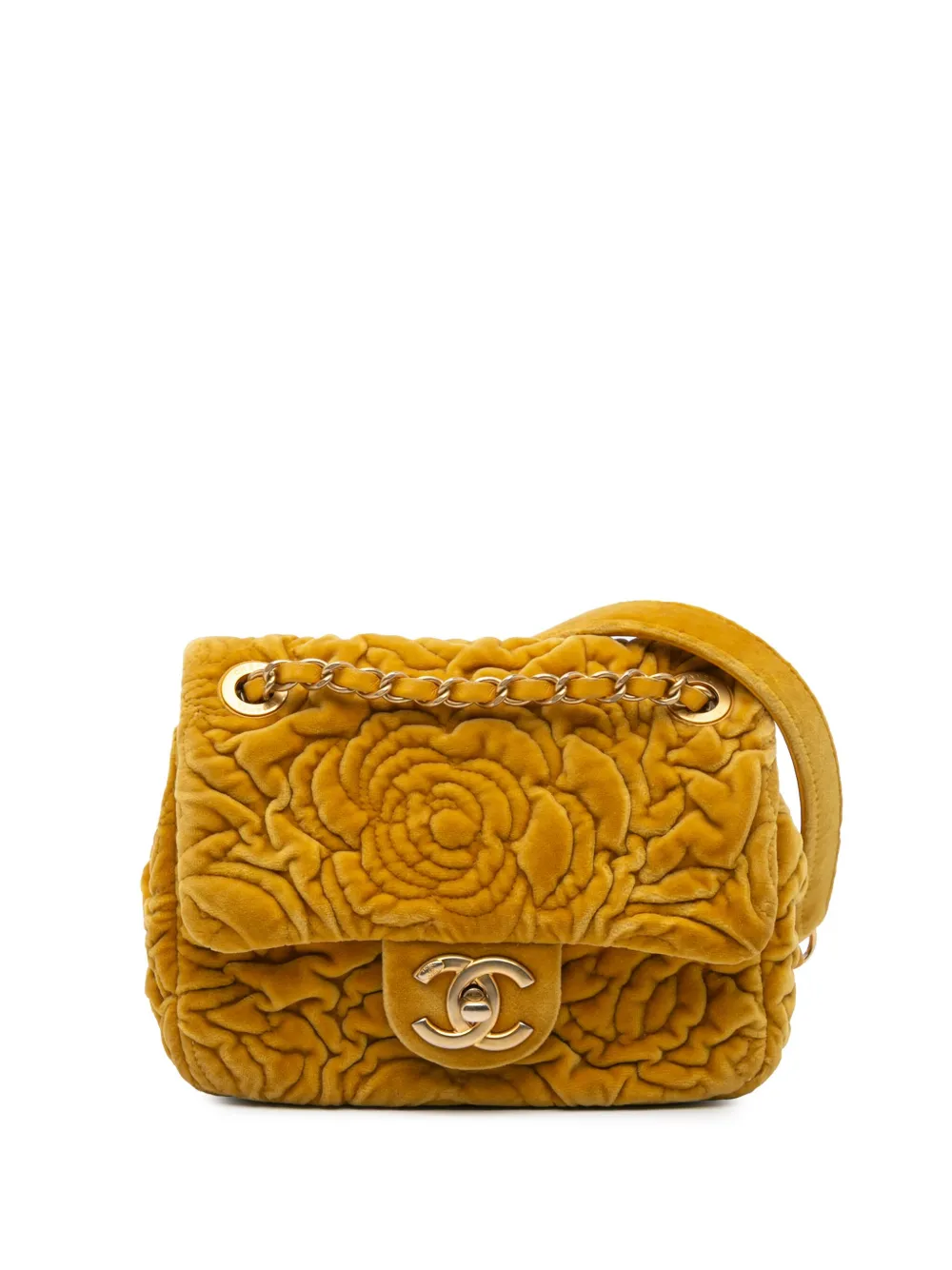 CHANEL Pre-Owned 2021-2024 Mini Square Velvet Camellia Embossed Flap crossbody bag | Yellow | Image 1