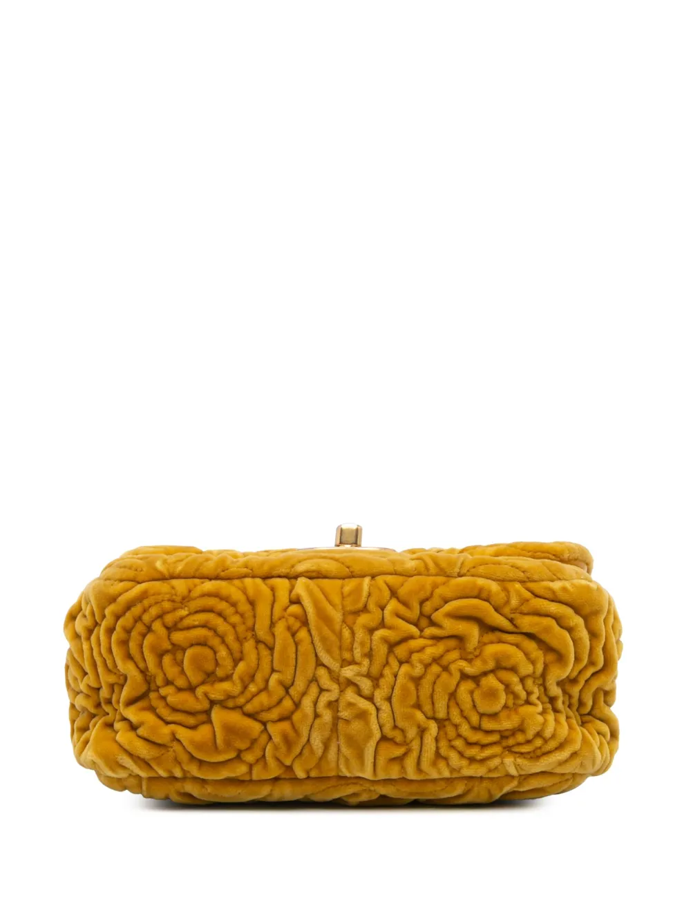 Pre-owned Chanel 2021-2024 Mini Square Velvet Camellia Embossed Flap Crossbody Bag In Yellow
