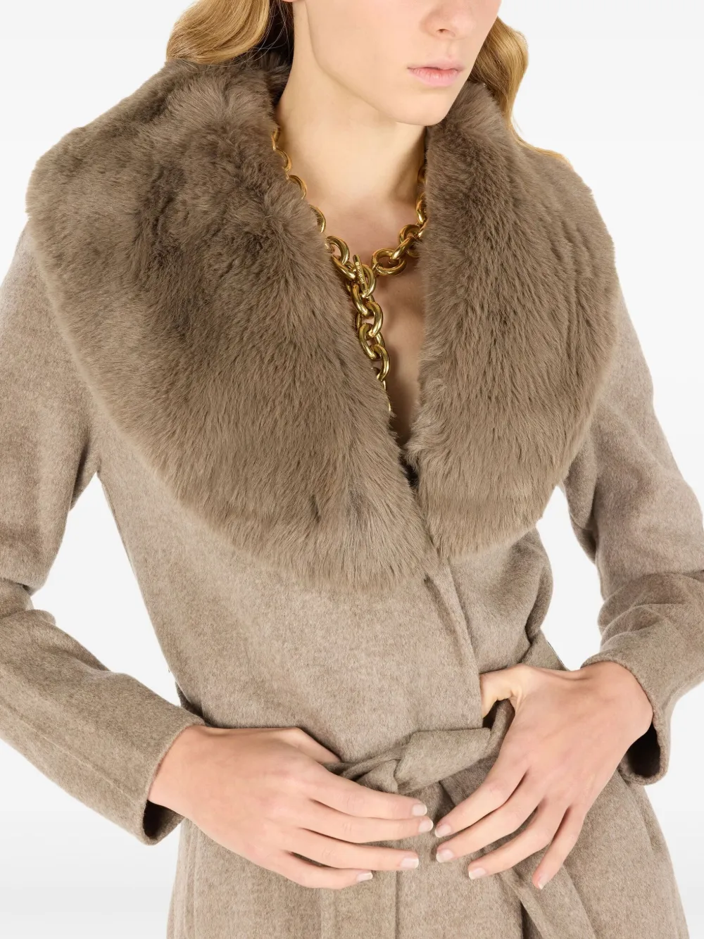 Roberto Cavalli Jas met ceintuur en kraag van imitatiebont Beige