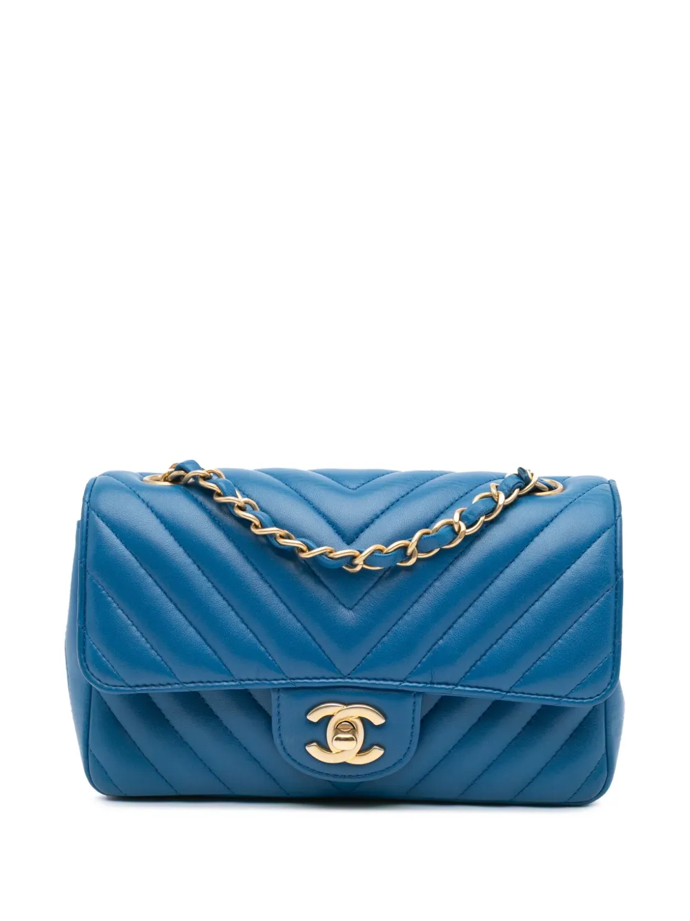 CHANEL Pre-Owned شنطة كروس كلاسيكية شيفرون جلد حمل مستطيلة 'سينغل فلاب' صغيرة 2019 | أزرق | Image 1