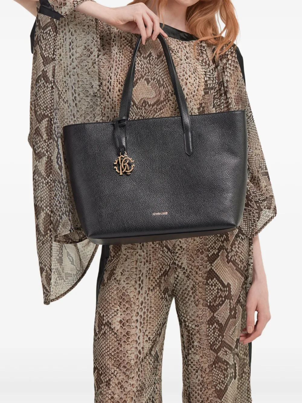Roberto Cavalli textured leather tote bag - Zwart