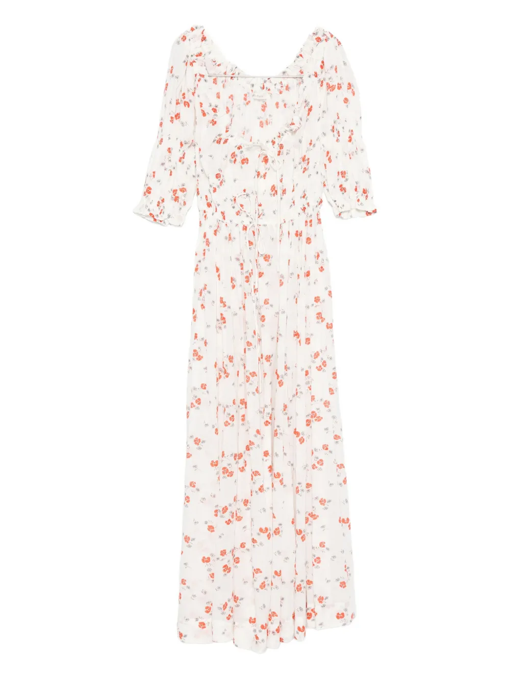 Doen Ischia Shirred Floral-print Organic Cotton-blend Voile Midi Dress In White