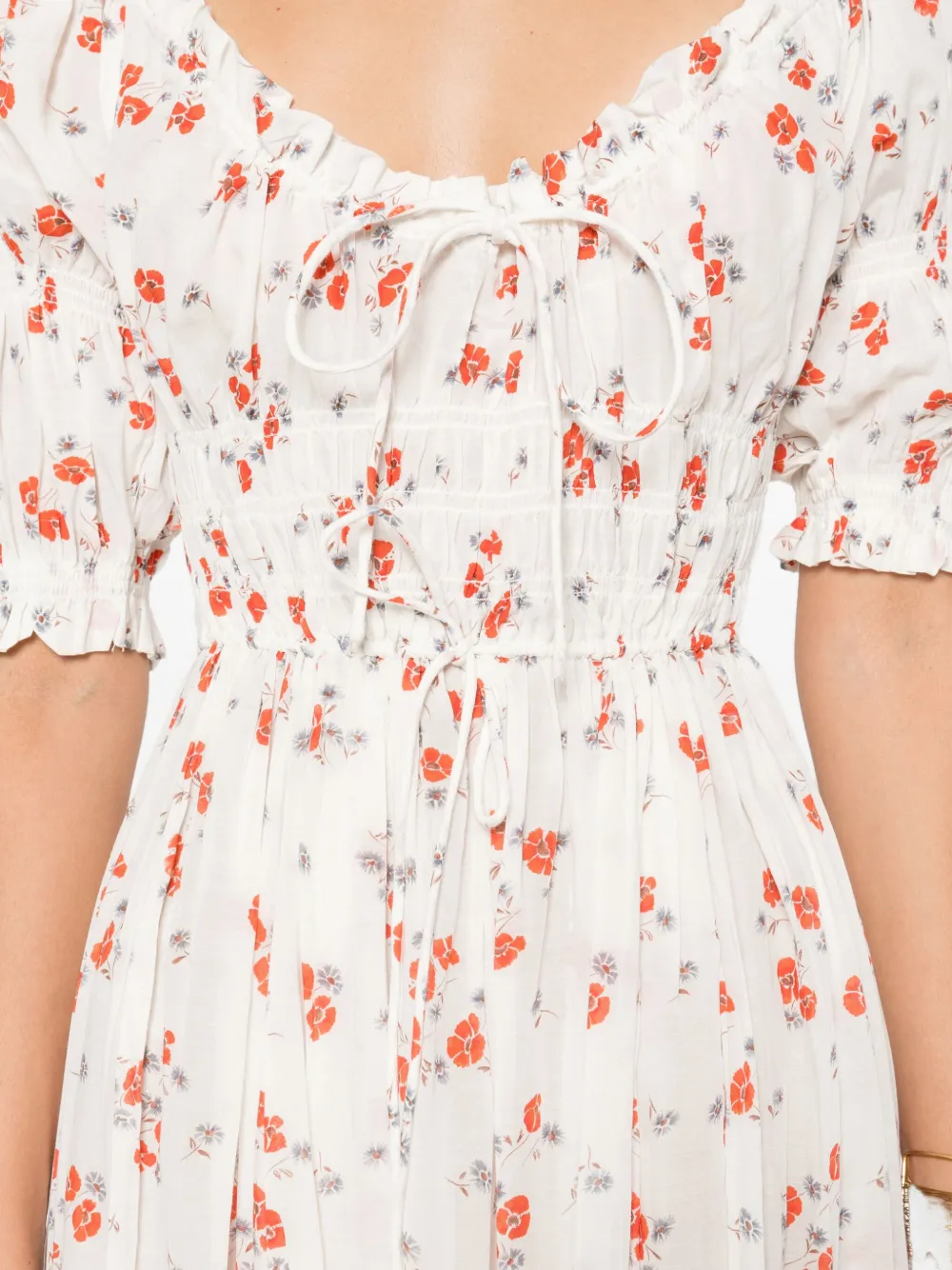 Doen Ischia Shirred Floral-print Organic Cotton-blend Voile Midi Dress In White