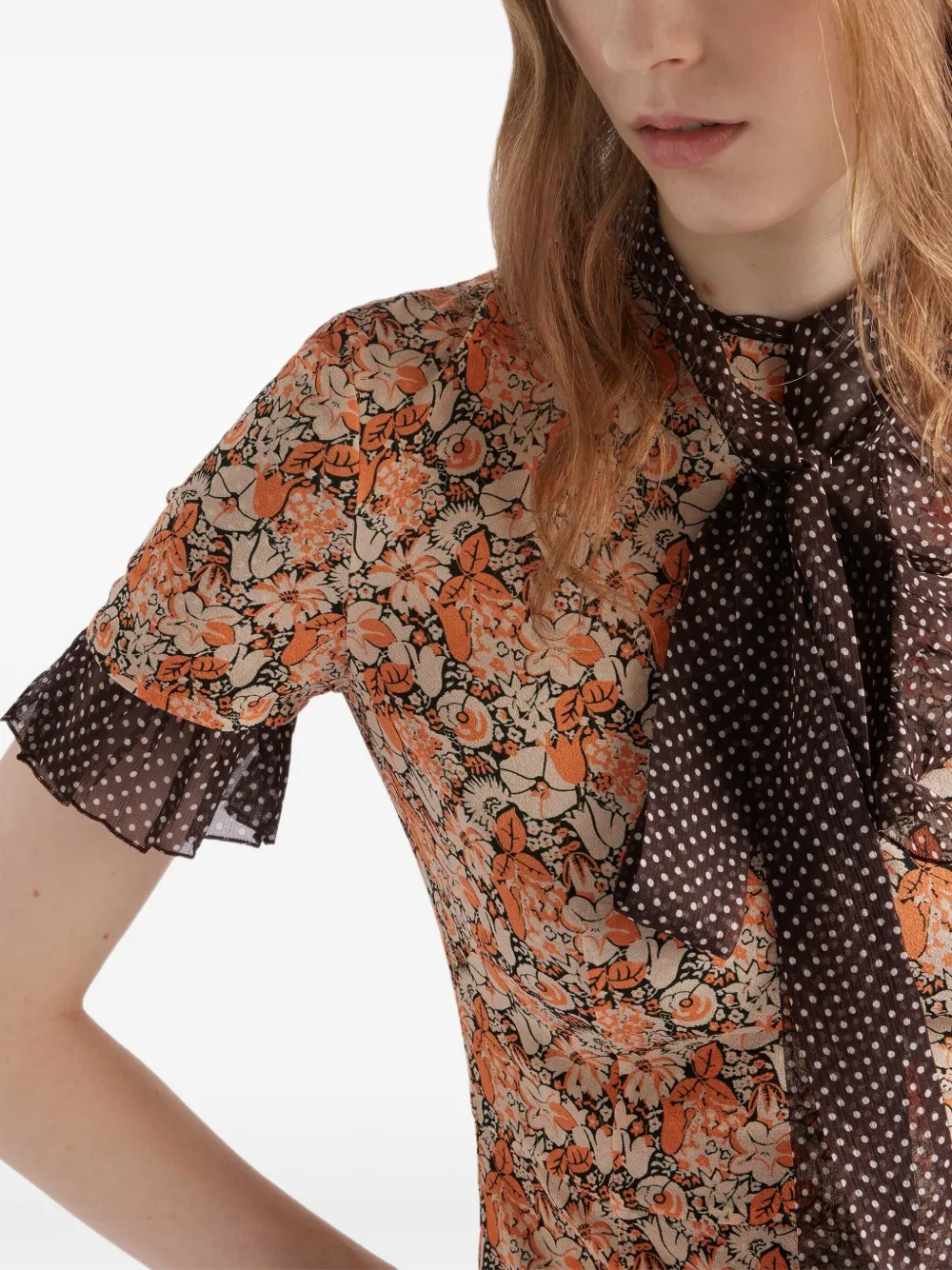 Prada Floral Georgette And Polka-dot Chiffon Layered Midi Dress With Bow