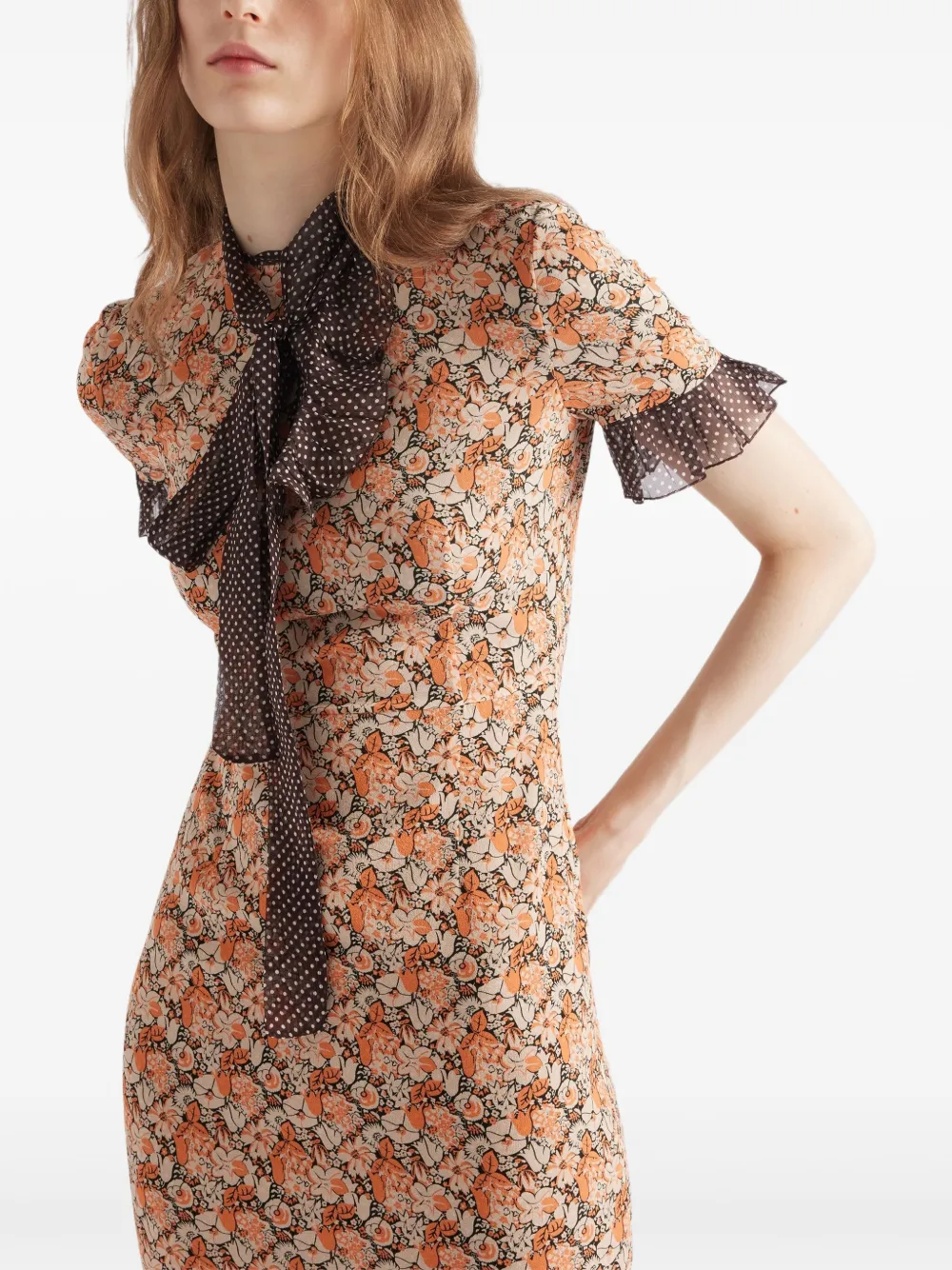 Prada Floral Georgette And Polka-dot Chiffon Layered Midi Dress With Bow