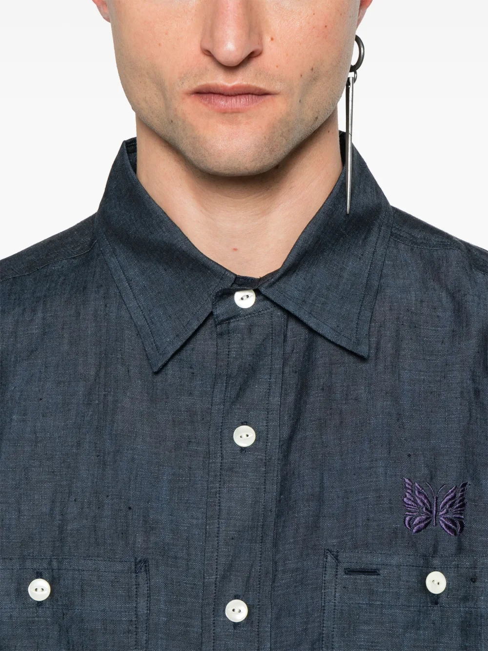 Needles Overhemd met geborduurd logo Blauw