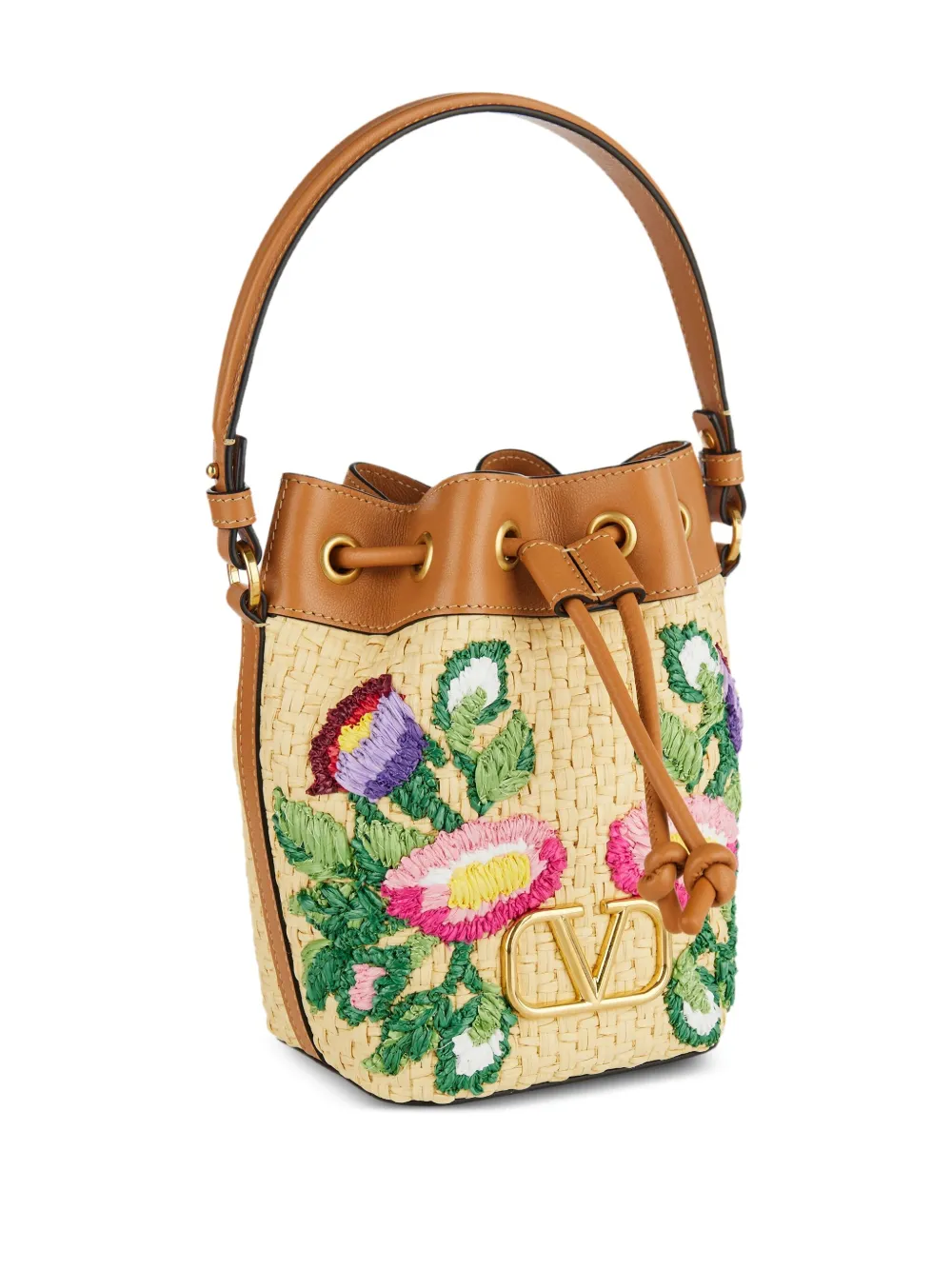 Valentino Floral-embroidered Bucket Bag In Neutral