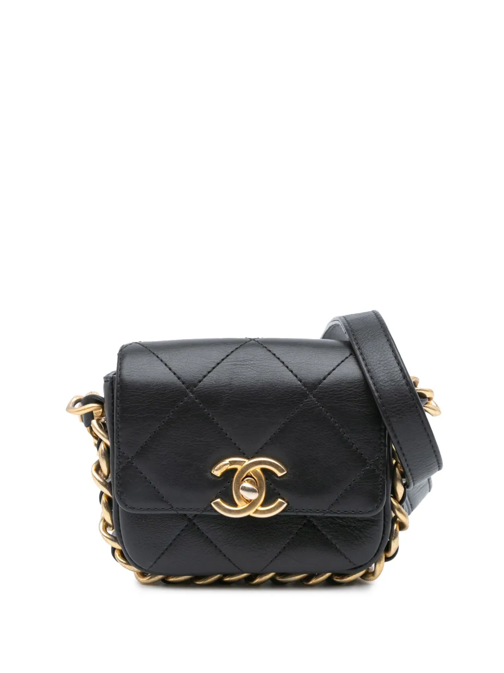 Pre-owned Chanel 2021-2024 Mini Quilted Calfskin Framing Chain Flap Crossbody Bag In Black