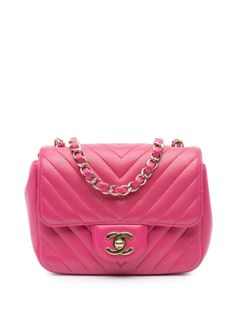 CHANEL Pre-Owned 2017-2018 Mini Square Classic Chevron Lambskin Single Flap crossbody bag | Pink | Image 1