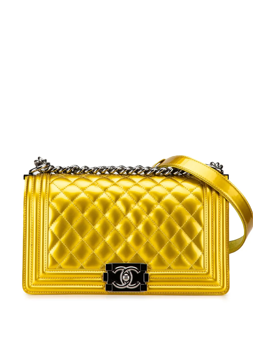 CHANEL Pre-Owned 2014 ミディアム パテント ボーイ フラップ ショルダーバッグ - ゴールドトーン CHANEL Pre-Owned 2014 ミディアム パテント ボーイ フラップ ショルダーバッグ - ゴールドトーン