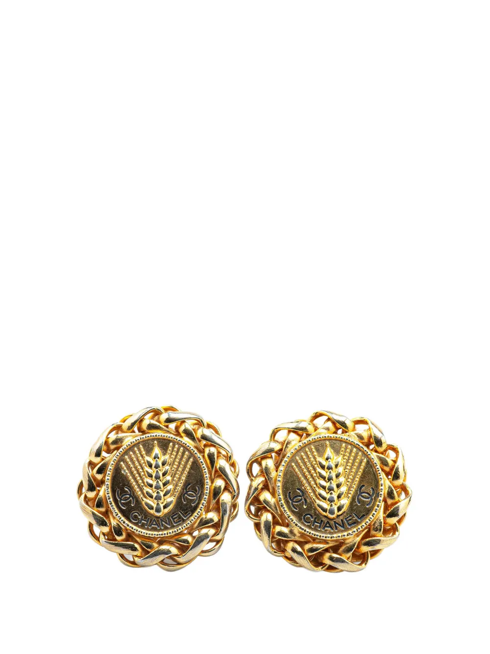 CHANEL Pre-Owned 20th Century Gold Plated CC Wheat Medallion Clip On Earrings costume earrings | Gold | Image 1