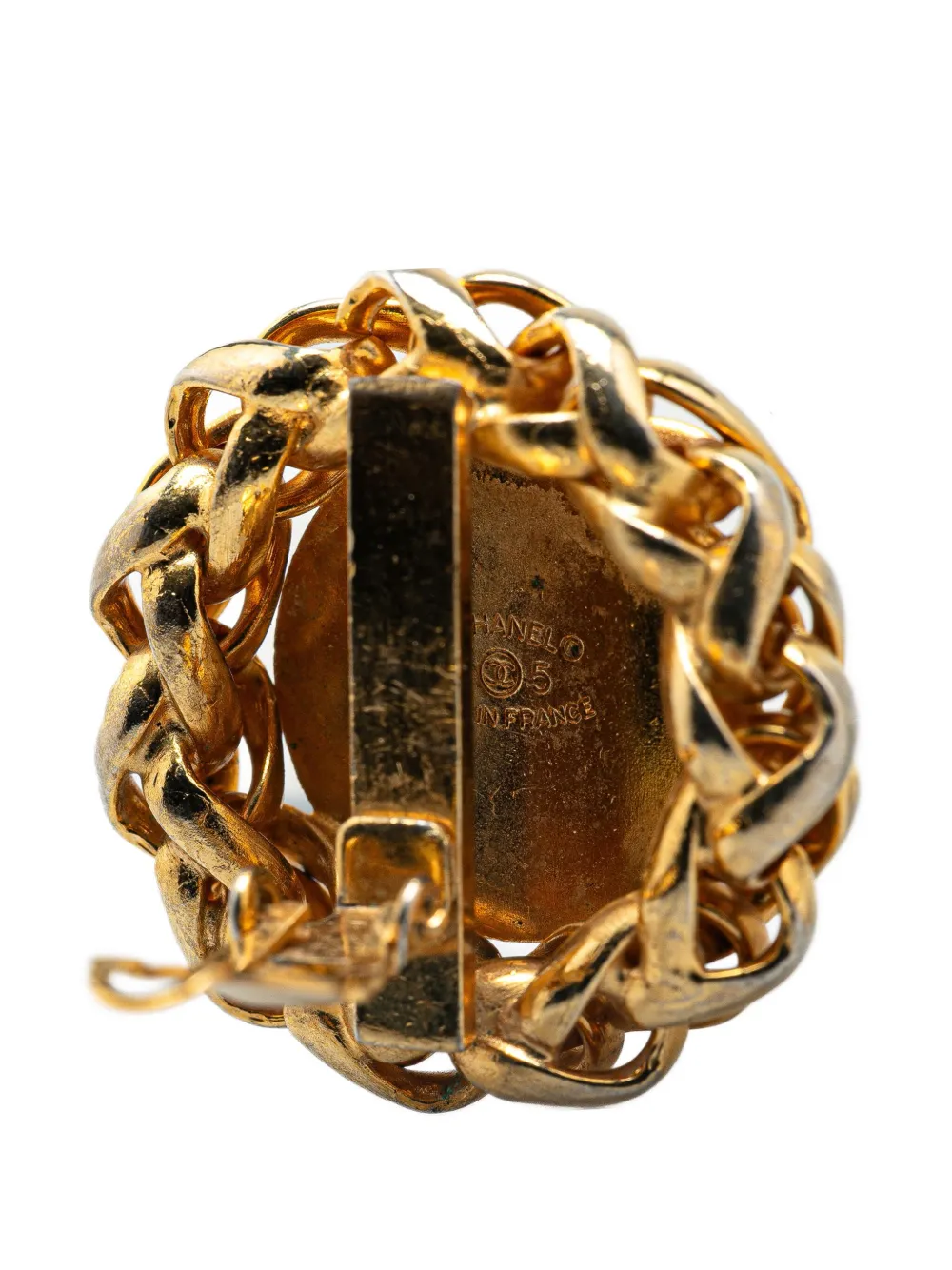 Pre-owned Chanel 20th Century Gold Plated Cc Wheat Medallion Clip On Earrings Costume Earrings