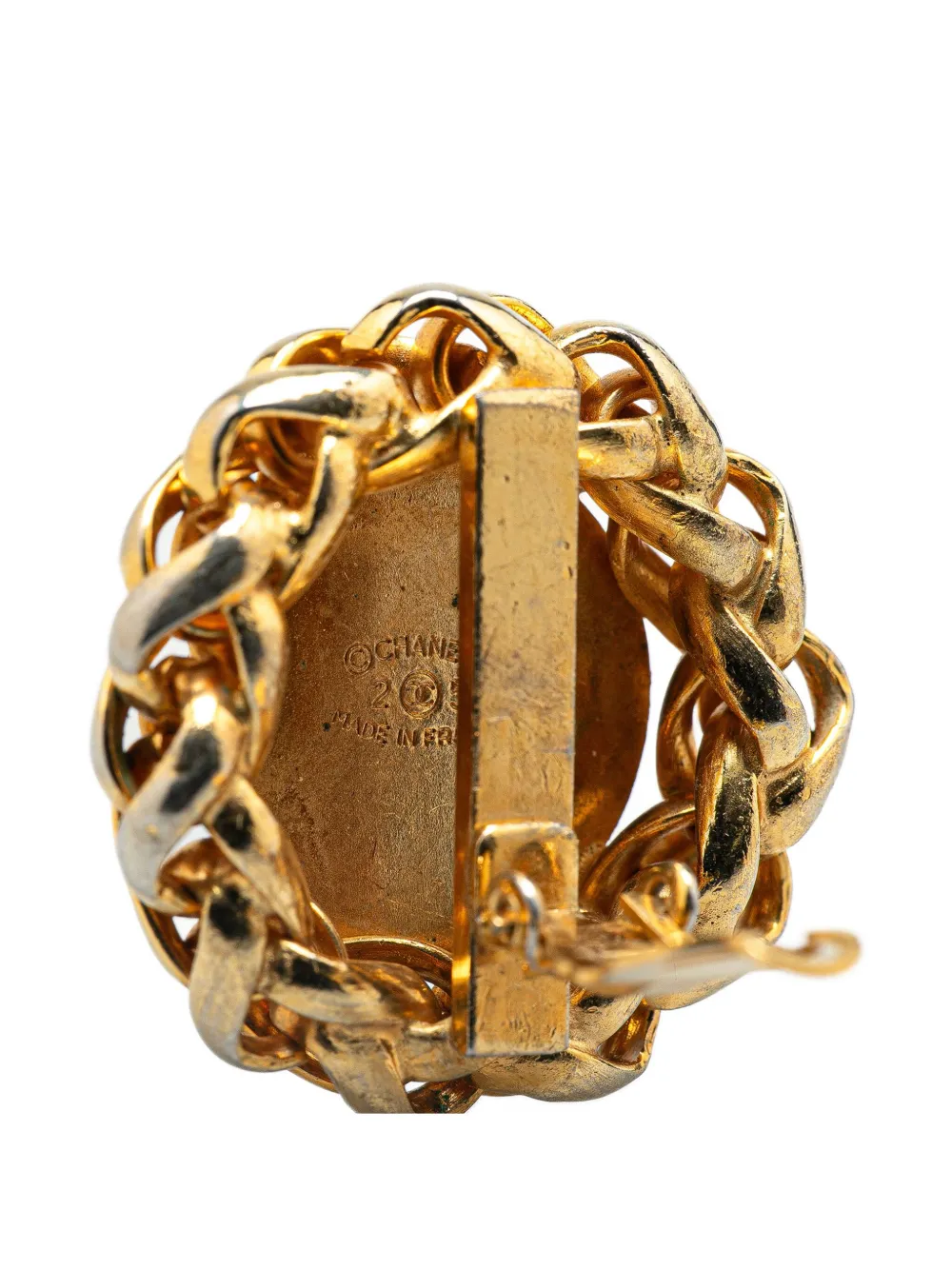 Pre-owned Chanel 20th Century Gold Plated Cc Wheat Medallion Clip On Earrings Costume Earrings