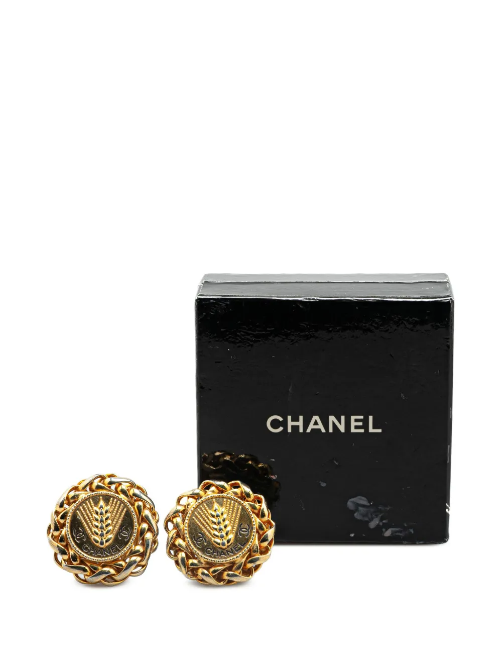 Pre-owned Chanel 20th Century Gold Plated Cc Wheat Medallion Clip On Earrings Costume Earrings