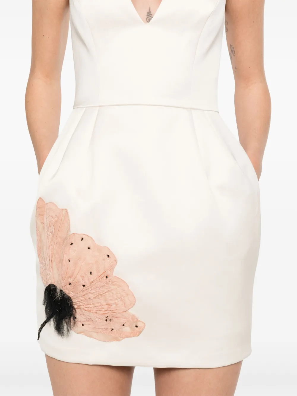 Elisabetta Franchi Satijnen mini-jurk met geborduurde bloemen Beige