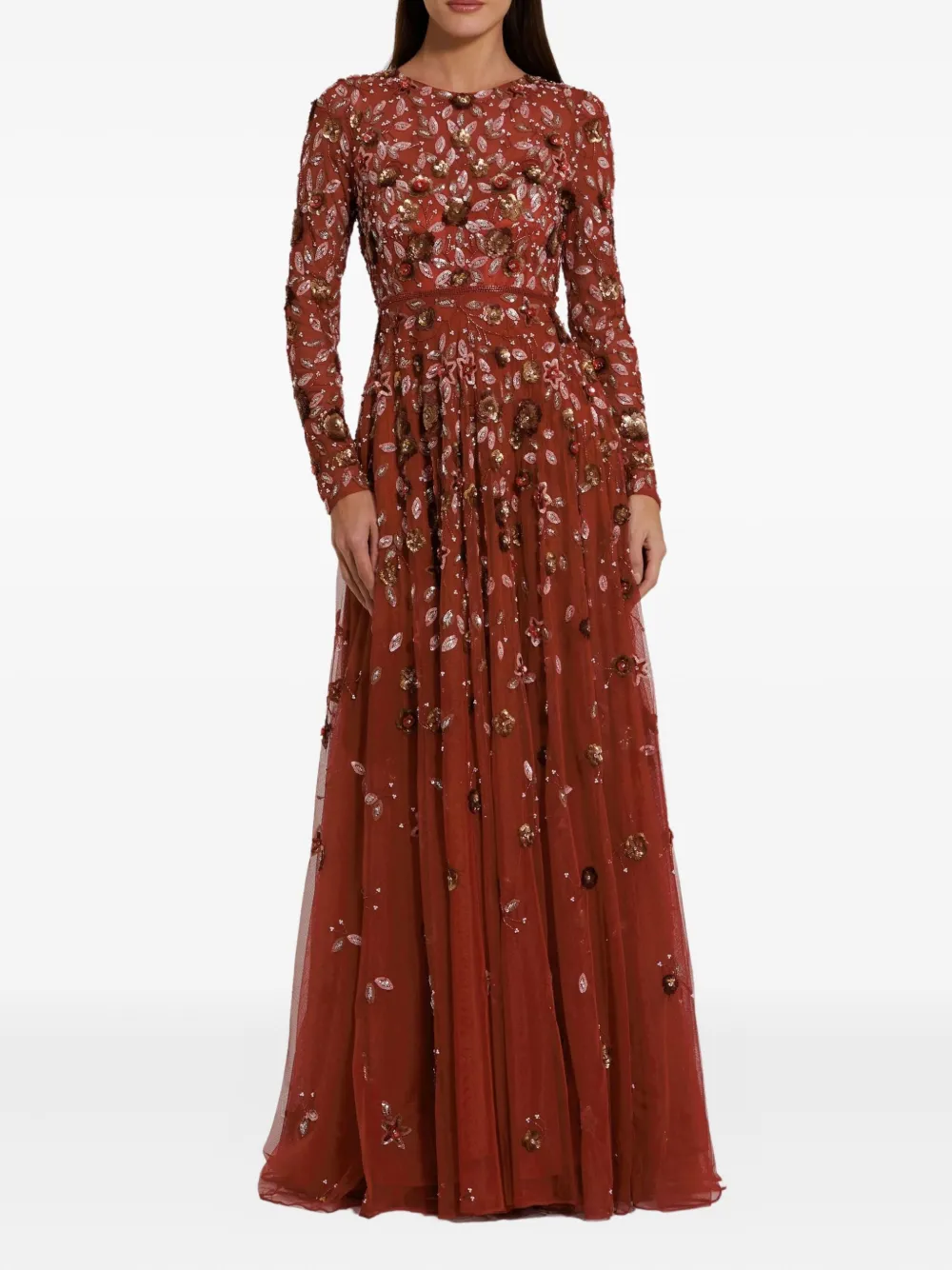Mac Duggal Embellished High Neck Long Sleeve A-line Gown