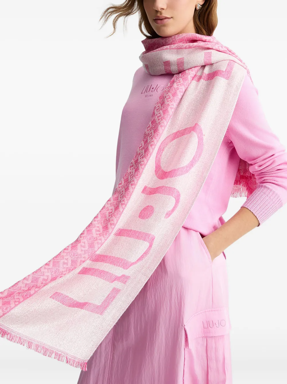 Liu •jo Logo-detail Fringed Scarf In Pink