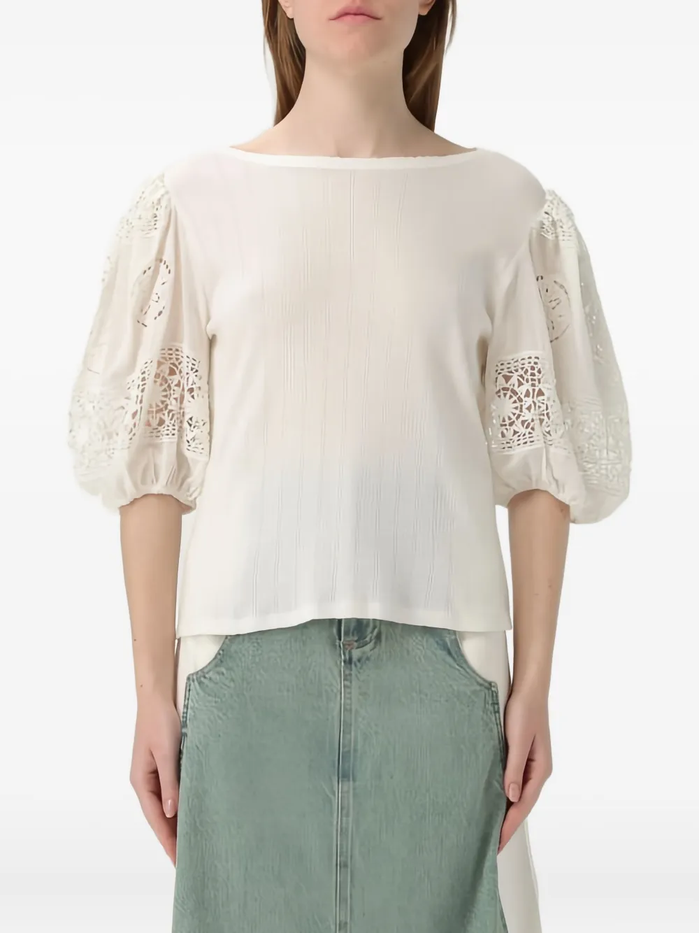 Sea Lace-trimmed Puff-sleeve Top In White