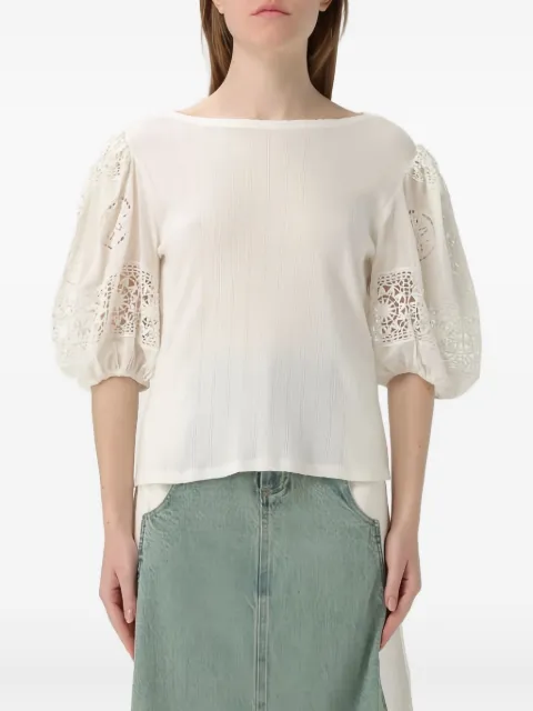 Sea lace-trimmed puff-sleeve top