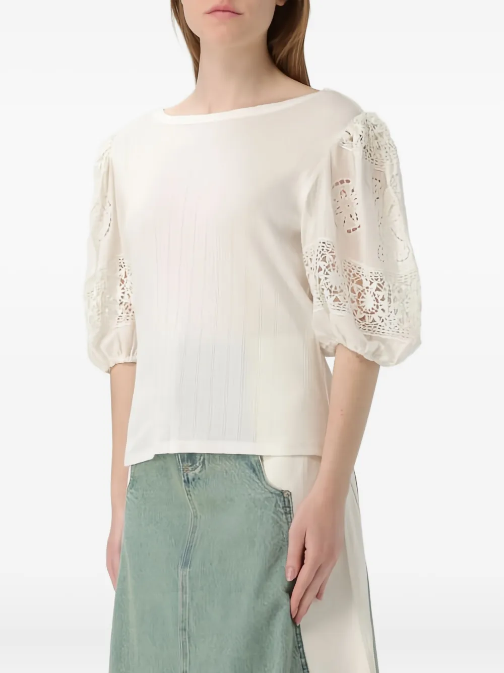 Sea Lace-trimmed Puff-sleeve Top In White