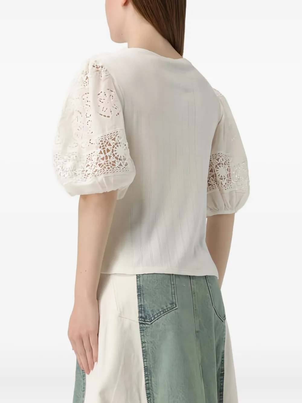 Sea Lace-trimmed Puff-sleeve Top In White