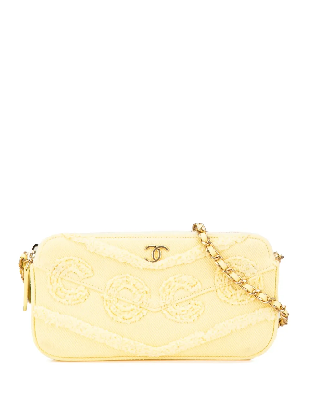 CHANEL Pre-Owned 2019 Denim Coco Fringe Double Zip Clutch with Chain crossbody bag | Yellow | Image 1