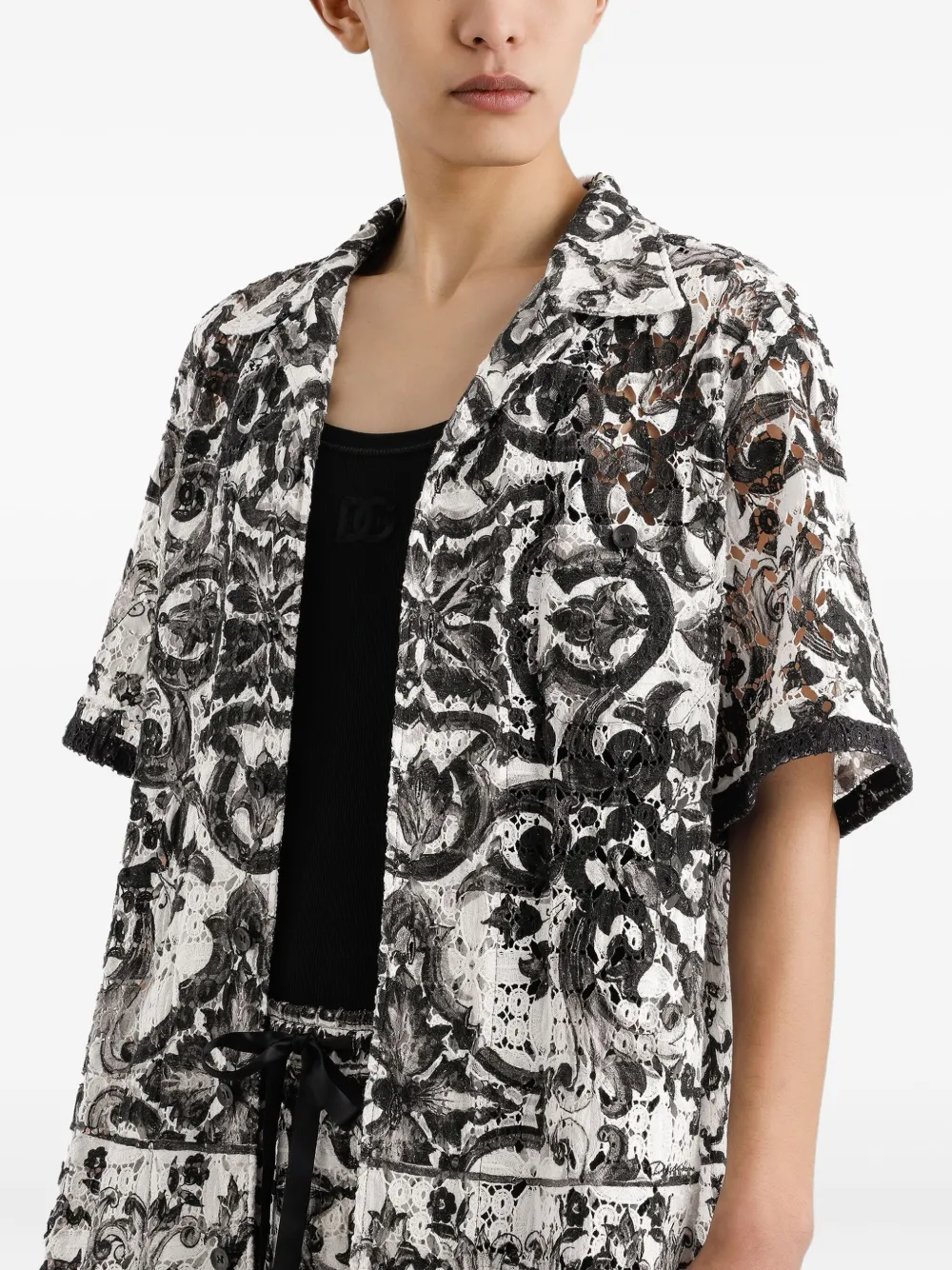 Dolce & Gabbana Hawaii gehaakt kanten overhemd met Majolica-print Zwart