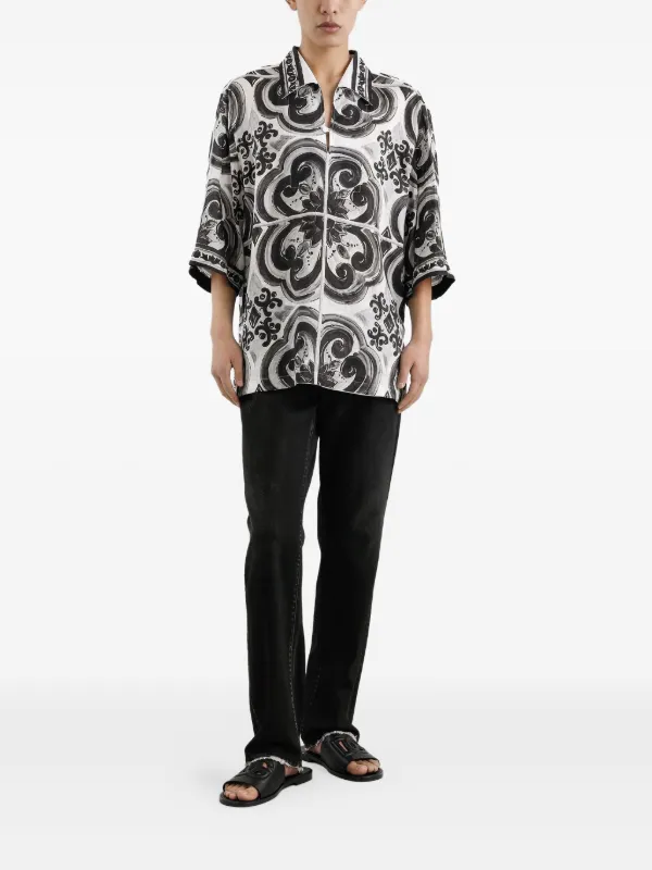 DOLCE&GABBANA　ドルガバ　孔雀デザイン ポロシャツ モノトーン Dolce & Gabbana Majolica-print T-shirt | White | FARFETCH