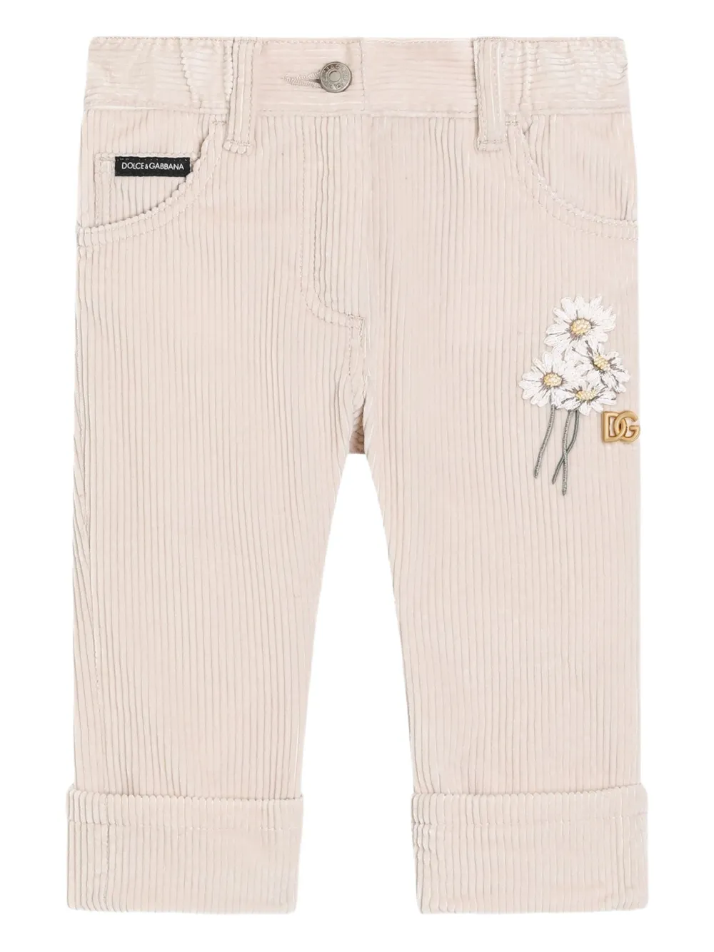 Dolce & Gabbana Kids Ribfluwelen broek met geborduurde madeliefjes Beige