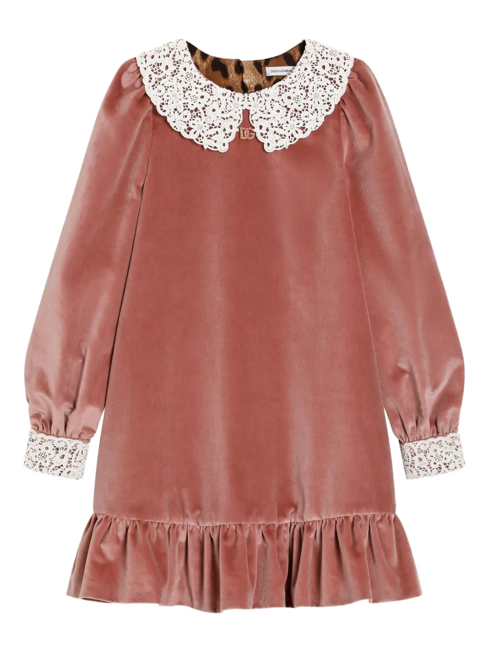 Dolce & Gabbana Kids Fluwelen jurk met afwerking van kant Roze
