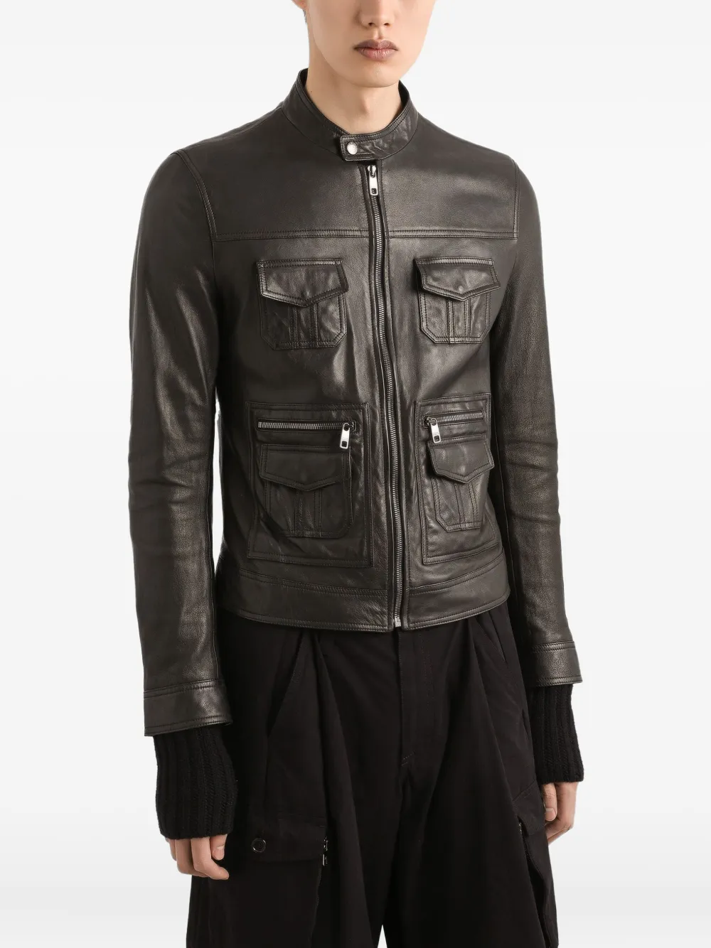 Dolce & Gabbana Leren jack met ritssluiting en zakken Zwart