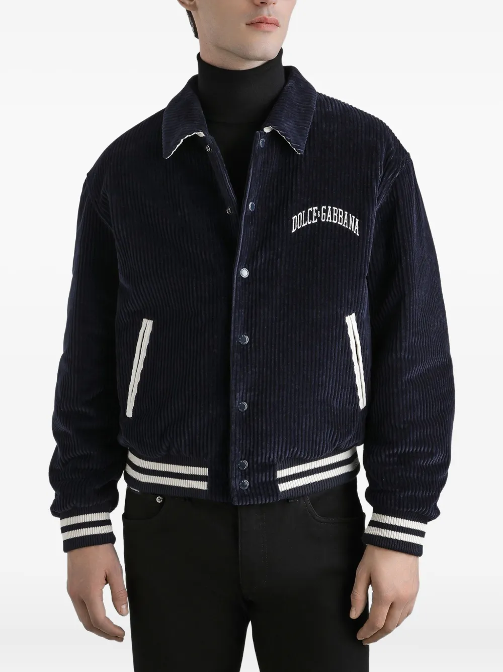 Dolce & Gabbana Cotton Bomber Jacket Ribbed Cuffs In Blue