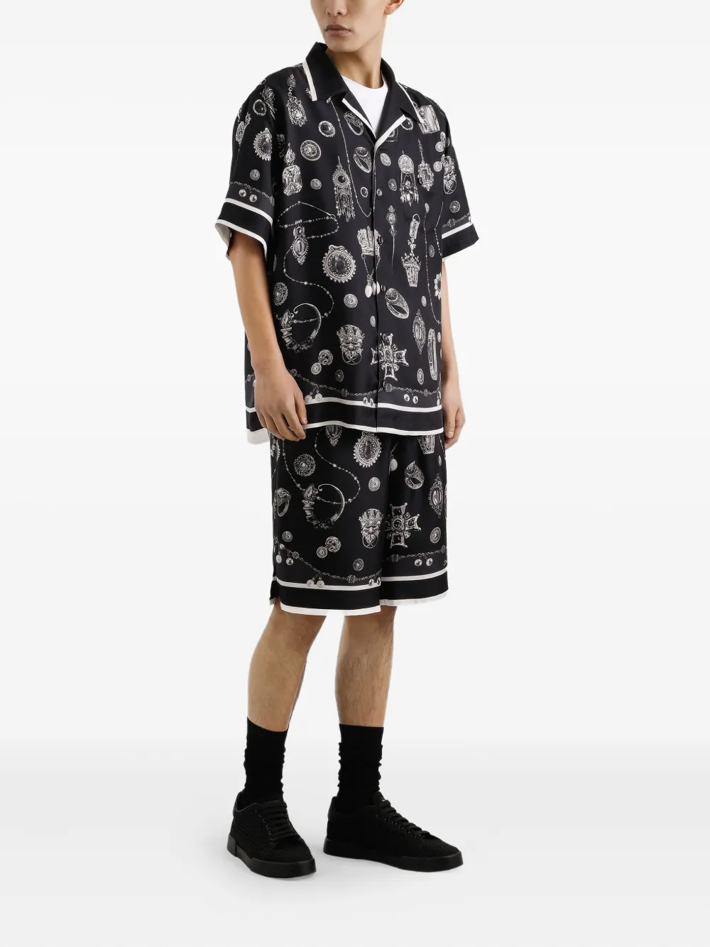 Dolce & Gabbana Medal-print Silk Twill Bermuda Shorts In Black