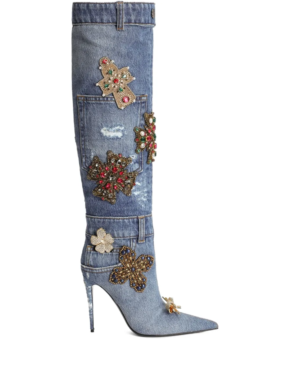 Dolce & Gabbana 105 mm denim laarzen met geborduurd patchwork Blauw
