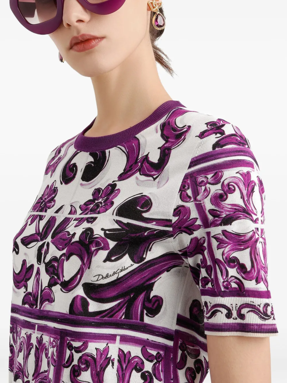 Dolce & Gabbana マヨリカプリント シルクTシャツ | ホワイト