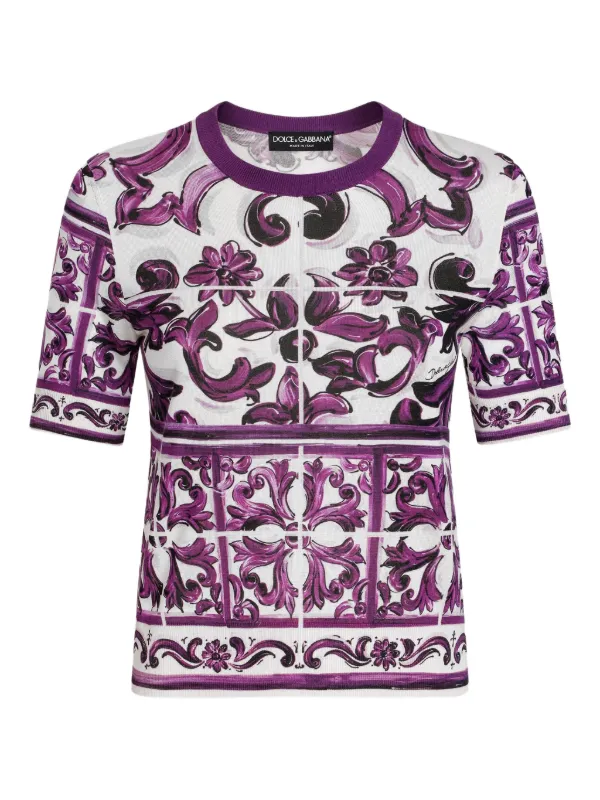 Dolce & Gabbana マヨリカプリント シルクTシャツ | ホワイト