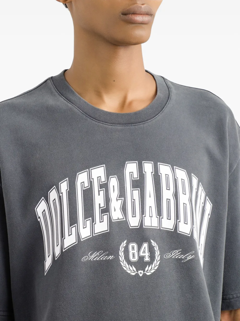 Dolce & Gabbana Men Dark Grey Crewneck T-shirt With Logo Lettering Print On The Front In Cotton Man In Gray