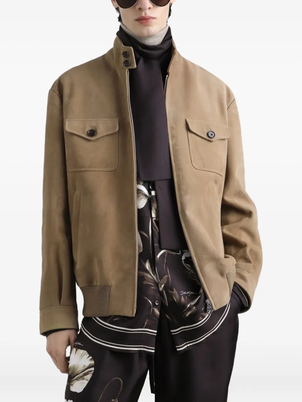 Dolce & Gabbana Leren jack met klepzak en rits Beige