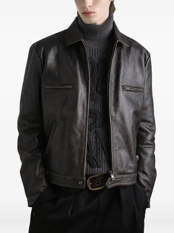 D&G ブラックレザージャケット ブラックのメンズ レザージャケット フード＆ロゴプレート