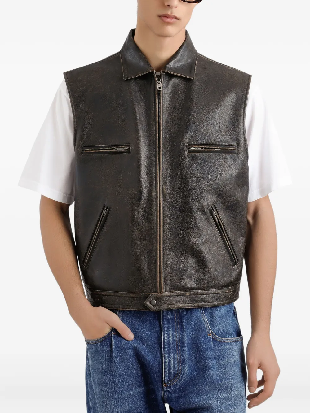 Dolce & Gabbana Leren gilet met rits Bruin