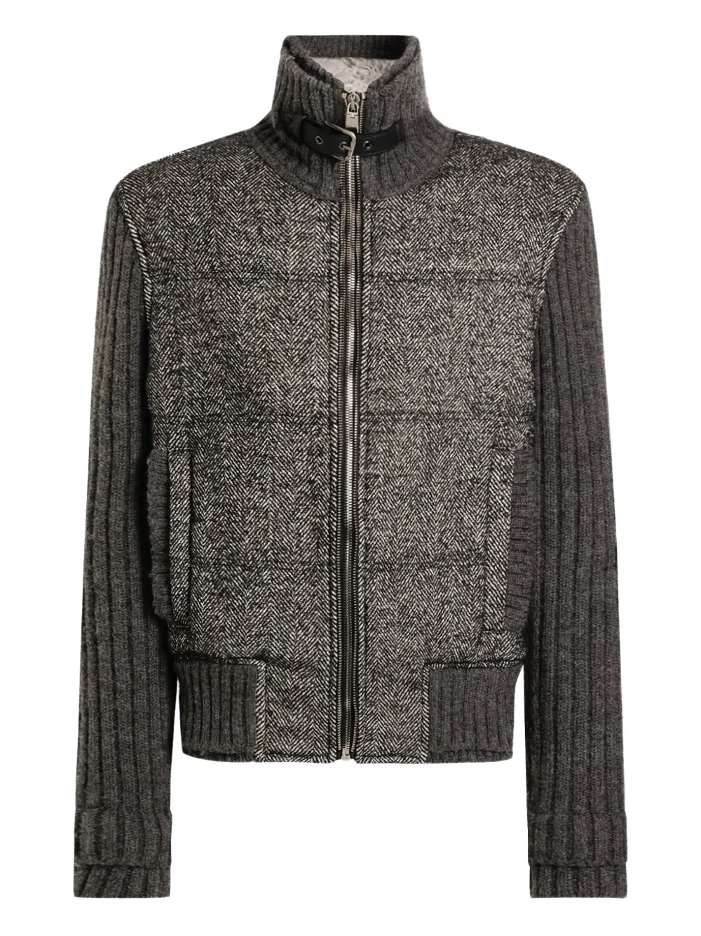Dolce & Gabbana Herringbone-pattern Ribbed-knit Bomber Jacket In Gray