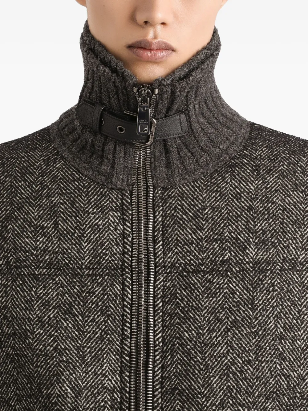 Dolce & Gabbana Herringbone-pattern Ribbed-knit Bomber Jacket In Gray