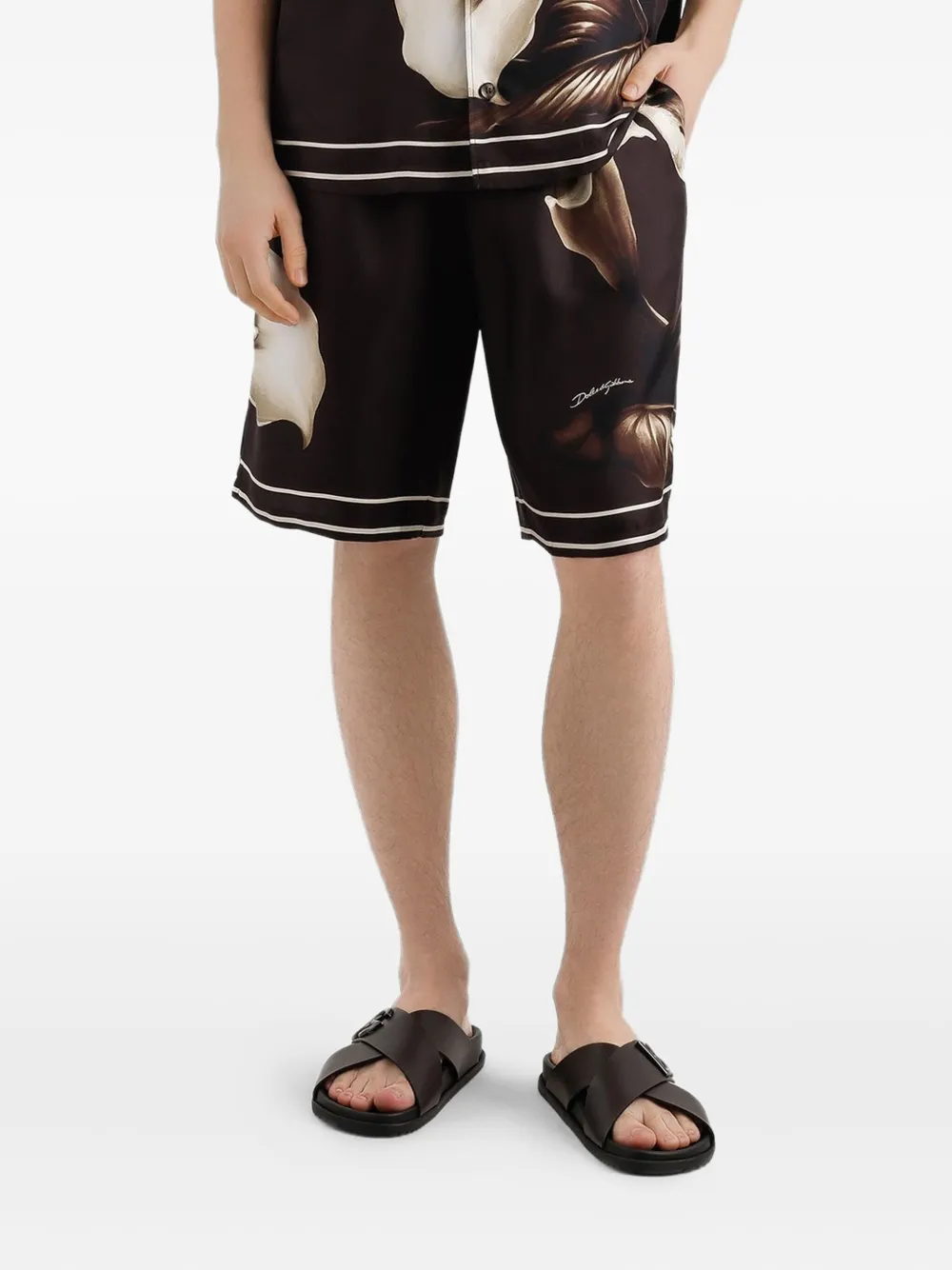 Dolce & Gabbana Calla Lily-print Drawstring Shorts In Brown