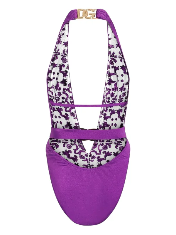 Dolce & Gabbana DG logo-plaque Swimsuit | Purple | FARFETCH